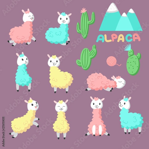 Cute alpaca icons vector hand drawn illustration
