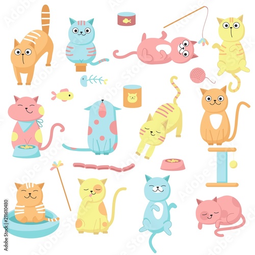 Cute cat icon set, vector hand drawn illustration