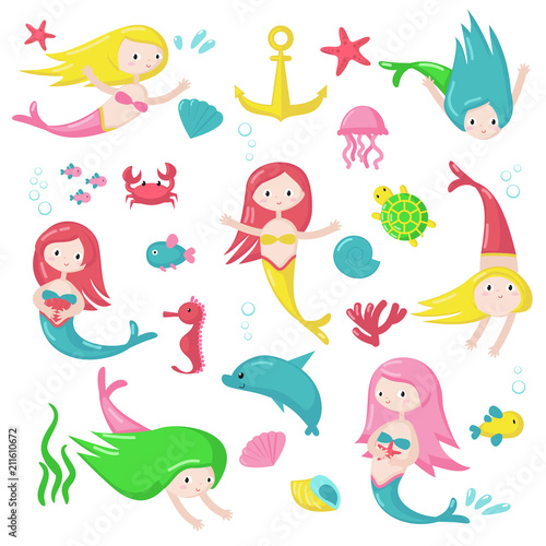 Fototapeta Naklejka Na Ścianę i Meble -  Cute mermaid icon set vector isolated illustration