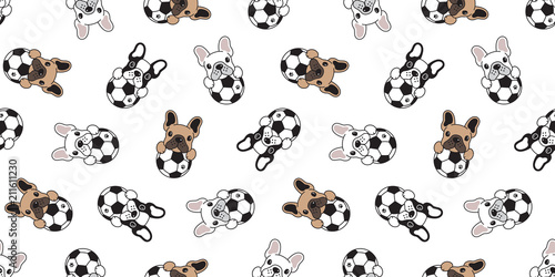Dog soccer seamless pattern french bulldog vector football tile background cartoon isolated repeat wallpaper