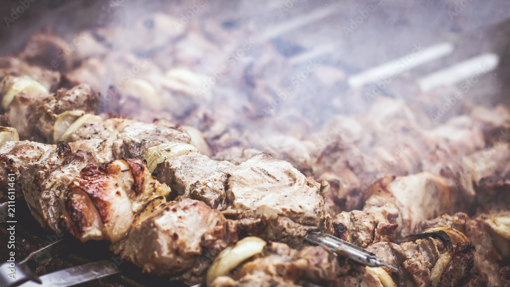 shish kebab on the coals. barbecue. shish kebab on the coals. barbecue.