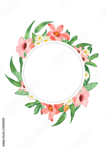 Watercolor floral invitation. Round wreath with pink flowers and eucalyptus leaves. Exotic flowers for invitation, wedding or greeting cards.