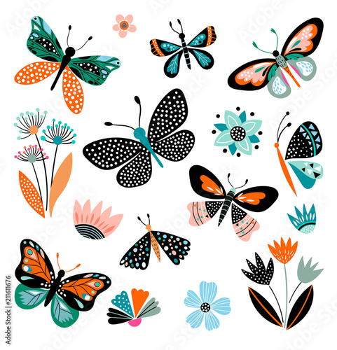 Butterflies and flowers, hand drawn collection of different elements, isolated on white
