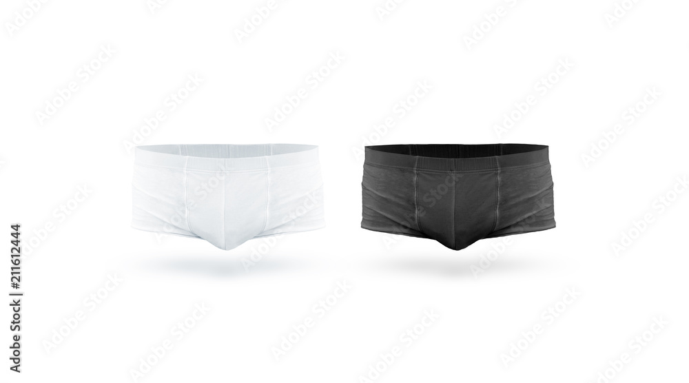 Blank black and white mens underpants mock up fron view, isolated. Empty  boxer briefs mockup. Clear underwear template. Compression shorts panties  underclothes Stock Photo