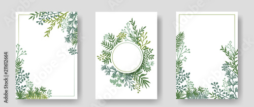 Vector invitation cards with herbal twigs and branches wreath and corners border frames. 