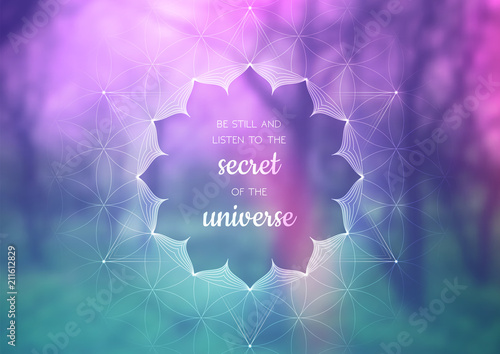 Vector template of banner with inspirational phrase, horizontal format; Spiritual sacred geometry; "Flower of life" and lotus on beauty blurred background with forest; Yoga, meditation and relax.
