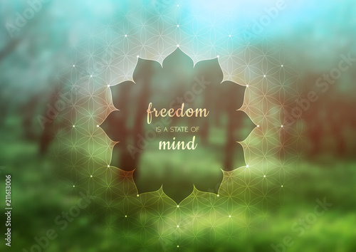 Vector template of banner with inspirational phrase, horizontal format; Spiritual sacred geometry; "Flower of life" and lotus on beauty blurred background with forest; Yoga, meditation and relax.