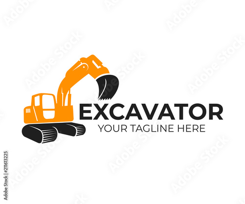 Excavator, construction and industrial machinery, transport and construction, logo template. Backhoe, digger and crawler excavator in working, vector design, illustration