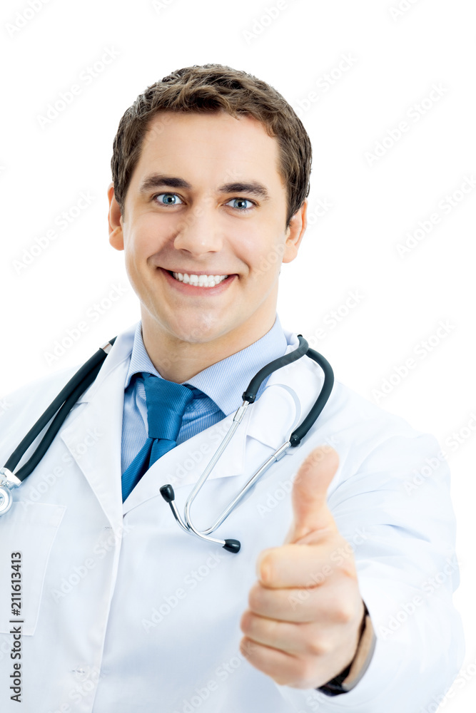 Happy smiling doctor with thumbs up gesture, isolated on white background Happy smiling doctor with thumbs up gesture, isolated on white background