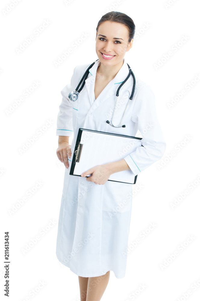Top view full body portrait of female doctor or nurse with clipboard, isolated on white background Top view full body portrait of female doctor or nurse with clipboard, isolated on white background