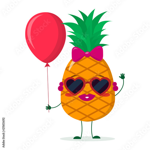 Cute pineapple cartoon character sunglasses hearts, bow and earrings. Holds a red air balloon. Vector illustration, a flat style.