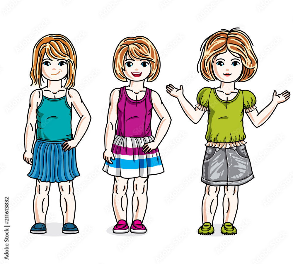 Cute happy little girls posing wearing casual clothes. Vector diversity kids illustrations set. Childhood and family lifestyle cartoons. Cute happy little girls posing wearing casual clothes. Vector diversity kids illustrations set. Childhood and family lifestyle cartoons.