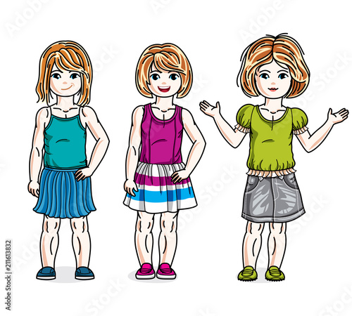 Cute happy little girls posing wearing casual clothes. Vector diversity kids illustrations set. Childhood and family lifestyle cartoons.