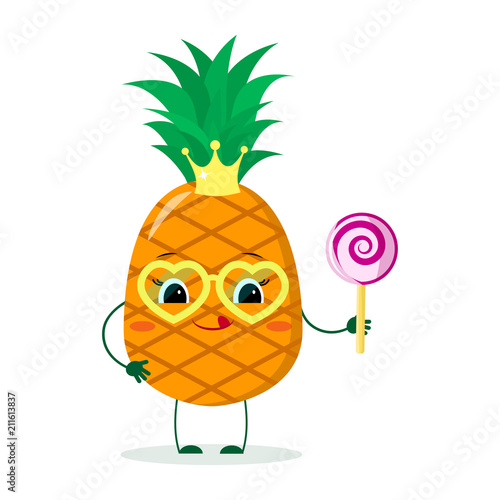 Cute pineapple cartoon character with crown and yellow glasses, holds a lollipop.Vector illustration, a flat style.