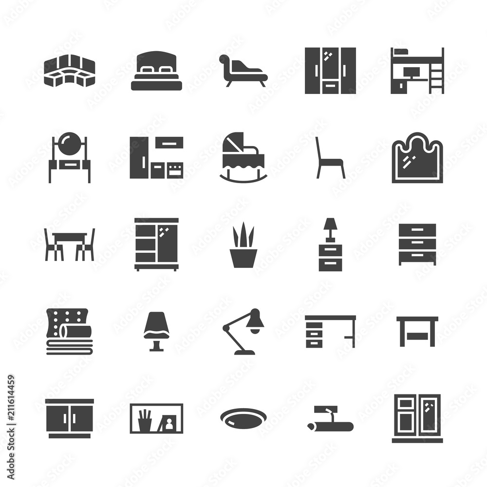 Furniture vector flat glyph icons. Living room, bedroom, baby crib ...
