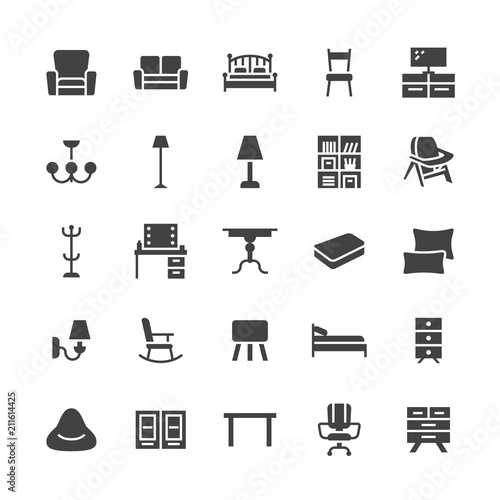 Furniture vector flat glyph icons. Living room tv stand, bedroom, home lighting, rocking chair, sofa, bedding, dining table, bed, bookcase. Signs interior store. Solid silhouette pixel perfect 48x48