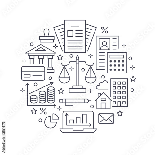 Financial accounting circle poster flat line icons. Bookkeeping brochure concept, tax optimization, firm accountant, payroll, real estate crediting. Accountancy, finance linear signs legal services.