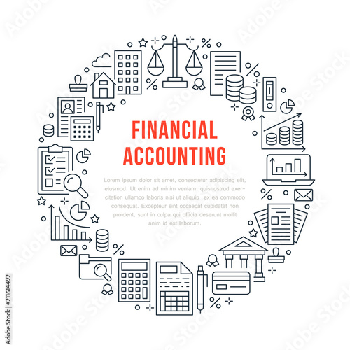 Financial accounting circle poster with flat line icons. Bookkeeping brochure concept, tax optimization, loan, payroll, real estate crediting. Accountancy, finance thin linear signs for legal services