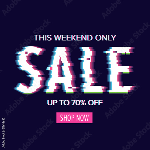 Cyber monday sale poster with glitch style distorted text. Dark background, discount banner.