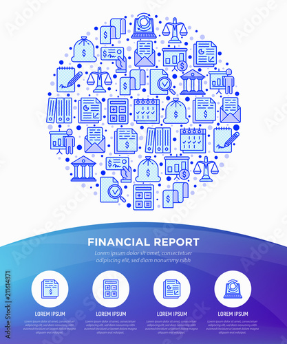 Financial report concept in circle with thin line icons: bank, financial analytics, calculate, signature, email, presentation, balance, bookkeeping. Vector illustration, print media template.