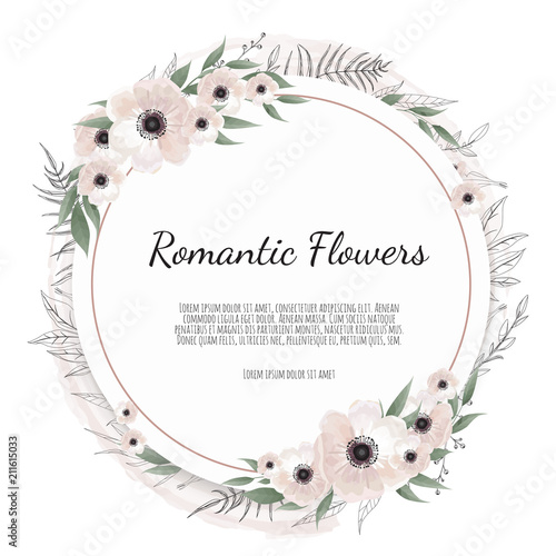 Vector floral frame. Greeting, postcard wedding invite template. Elegant frame with rose and anemone