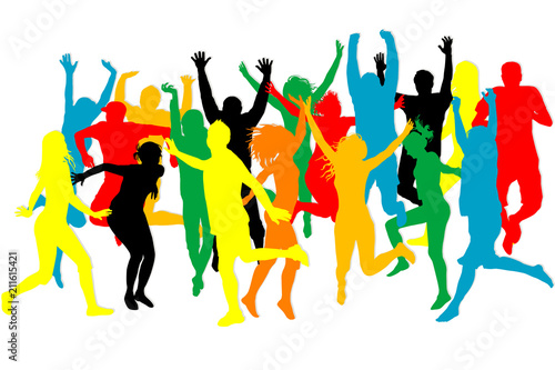 Colorful silhouettes of people jumping