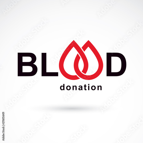 Blood donation inscription isolated on white. Vector red blood drops. The 14 June, world blood donor day. Medical theme graphic symbol.