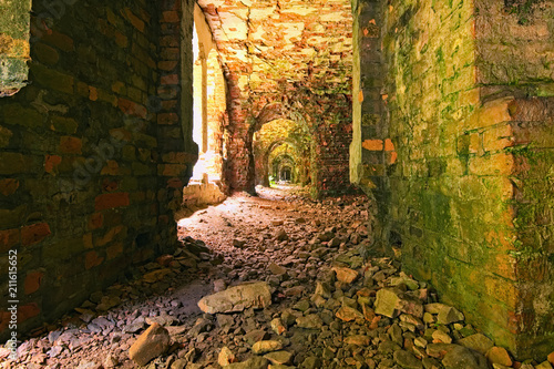 Fototapeta Naklejka Na Ścianę i Meble -  Very long corridor with many arches. Abandoned Tarakaniv Fort in the summer day. Tarakaniv, Rivne oblast, Ukraine
