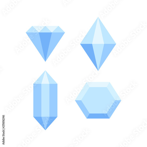 Simple blue diamond crystals on white set, vector