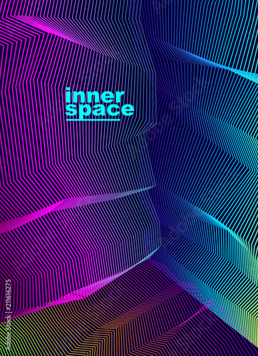 Vector abstract artistic background for design, linear 3d moire texture, inner space of a room. Fantastic psychedelic trendy modern op art, optical dimensional illusion.