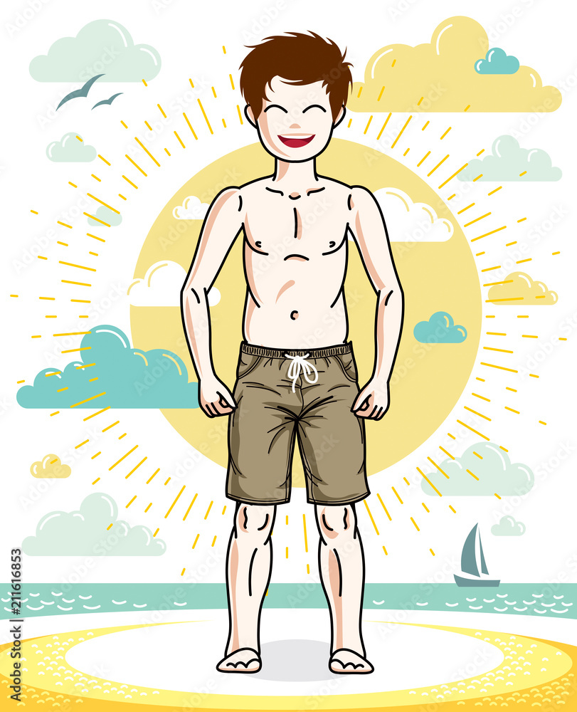 Sweet little boy young teen standing in colorful stylish beach shorts. Vector kid illustration. Fashion and lifestyle theme cartoon.