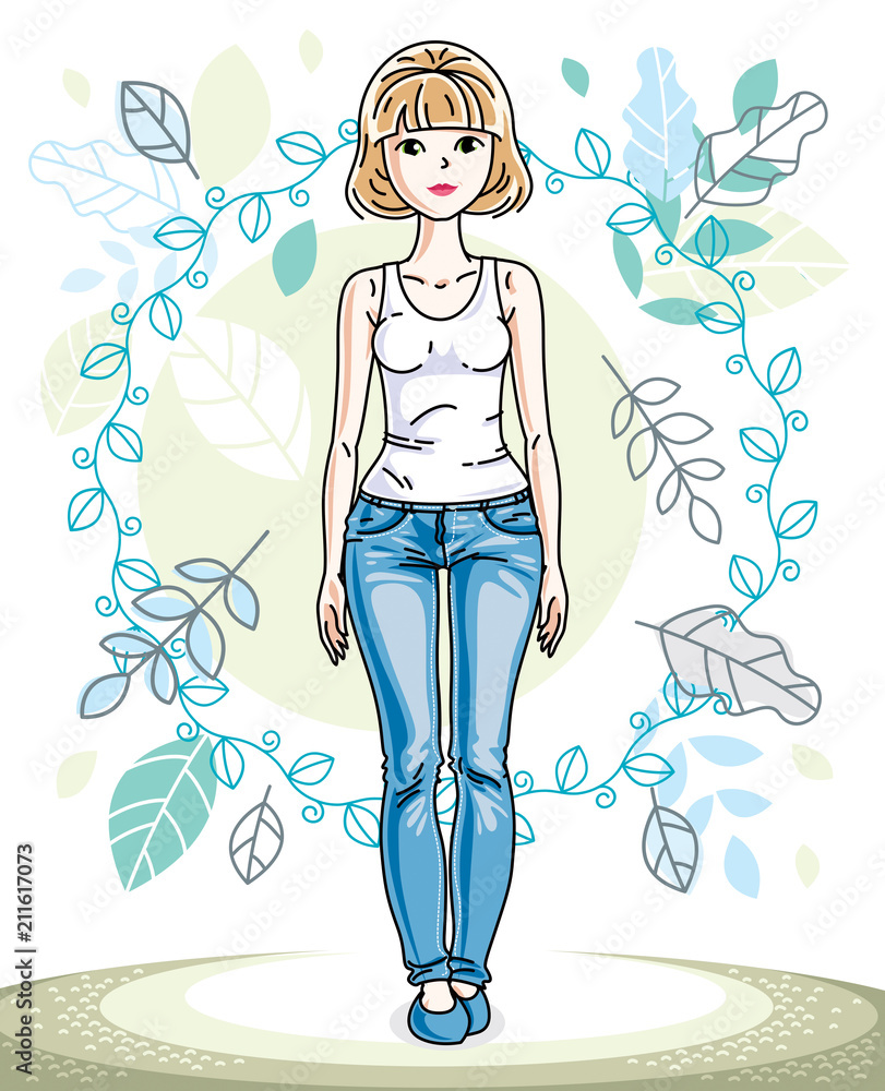Attractive young blonde woman standing on background of spring landscape with blue leaves and wearing stylish casual clothes. Vector human illustration. Attractive young blonde woman standing on background of spring landscape with blue leaves and wearing stylish casual clothes. Vector human illustration.