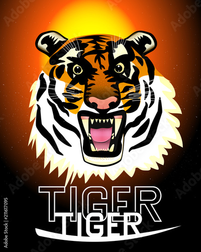 Fototapeta Naklejka Na Ścianę i Meble -  Illustration of an aggressive tiger muzzle at sunset. Vector.
