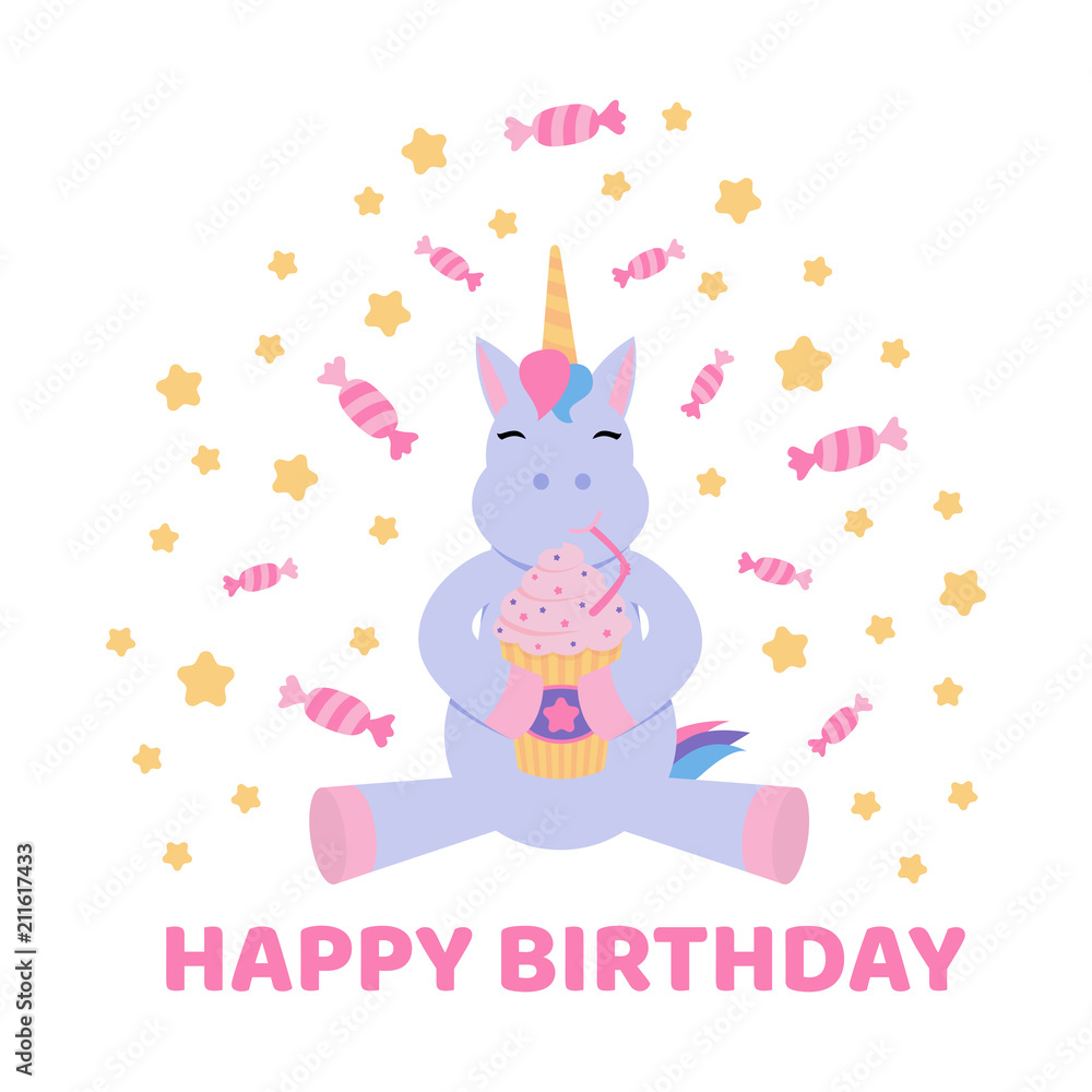 Fototapeta premium Greeting card with a unicorn for a Birthday.