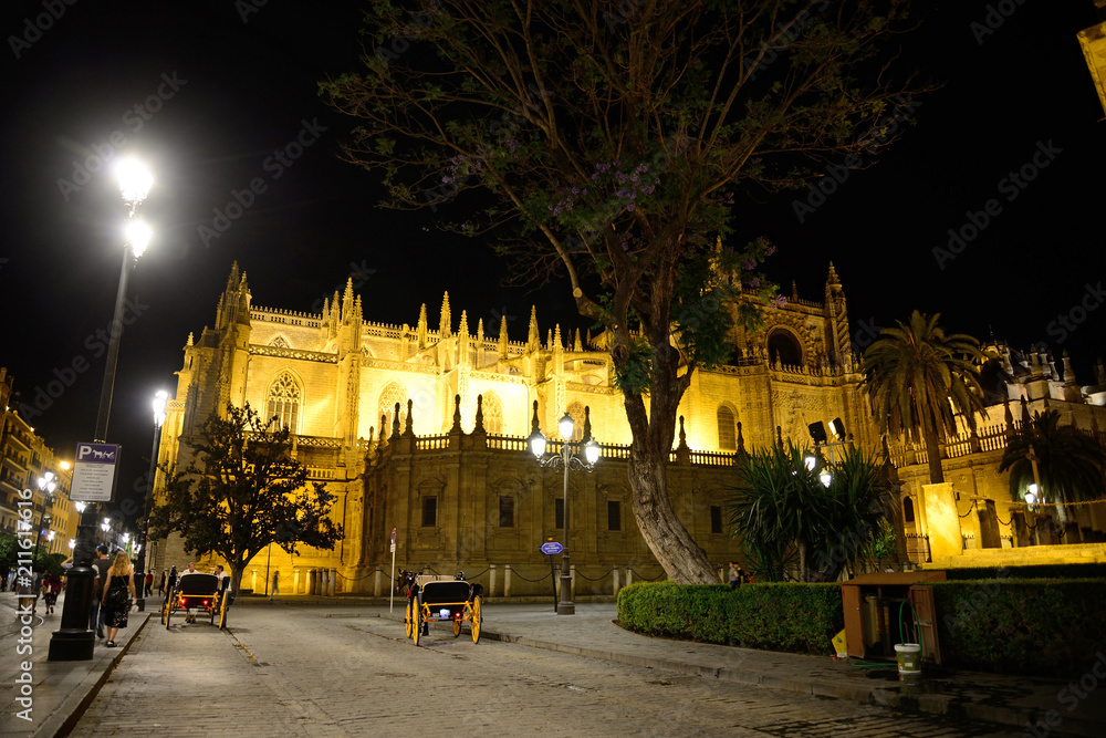 Seville, Spain - June 21, 2018: Cathedral of Seville on the Avenida de la Constitución.