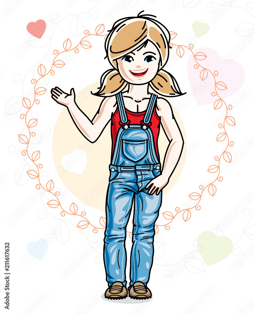 Beautiful happy little blonde girl in stylish casual clothes posing on colorful backdrop with romantic hearts. Vector illustration of attractive kid. Beautiful happy little blonde girl in stylish casual clothes posing on colorful backdrop with romantic hearts. Vector illustration of attractive kid.