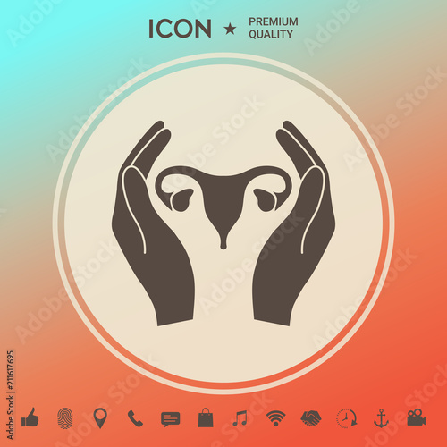 Hands holding Female uterus - protection icon