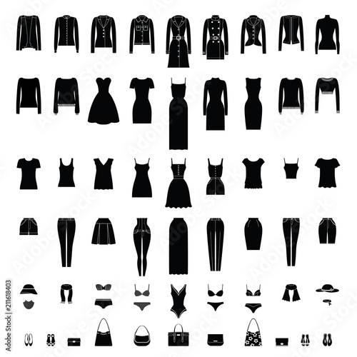 Women Clothes silhouettes Set isolated on white.