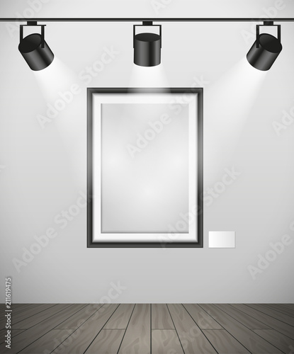Vector empty vertical frame hanging in gallery with spotlights