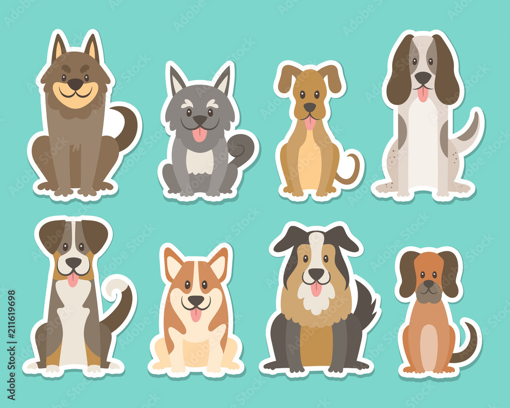 Sticker collection of different kinds of dogs. Sat dogs in front view position. Corgi, sheepdog, settle, terrier. Vector illustration.