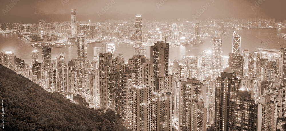 Hongkong from the peak view at night in old tone