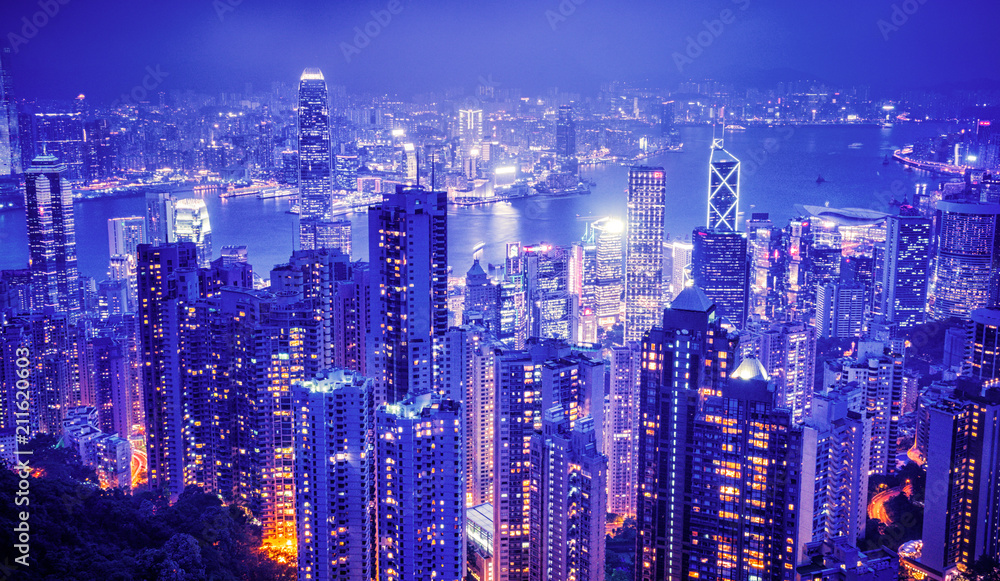 Fototapeta premium Hongkong from the peak view at night in old tone