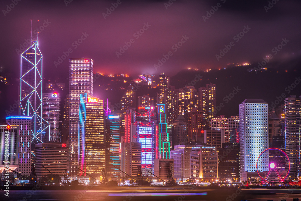 Hong Kong, China skyline from across Victoria Harbor.