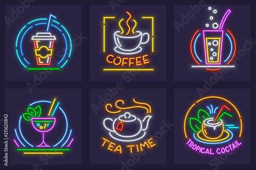 Set of neon icons with beverages. Cola, coffee in cup, hot tea.