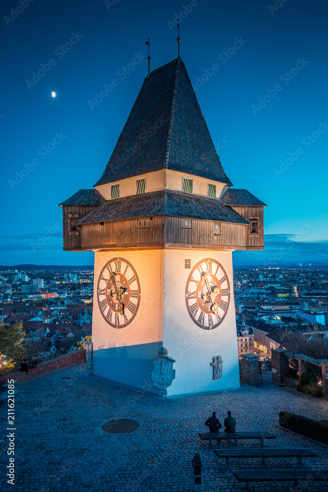 Grazer Uhrturm at night, Styria, Austria