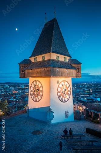 Obraz na płótnie Grazer Uhrturm at night, Styria, Austria w salonie
