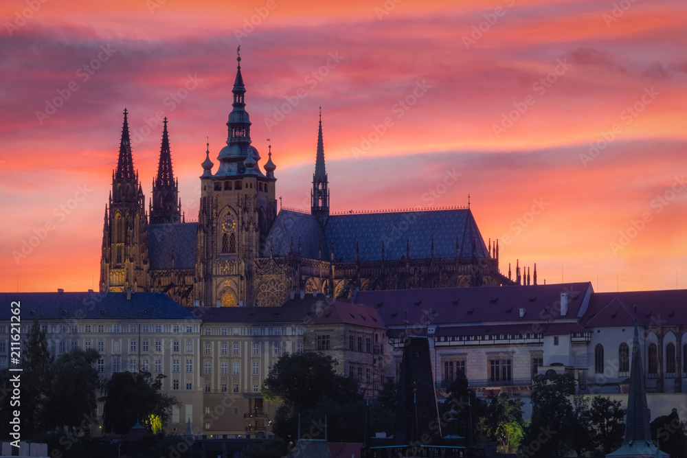 Close view of Prague Castle at beautiful purple sunset - Czech republic