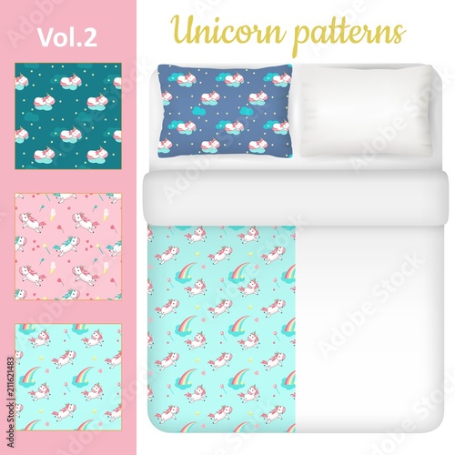 Vector white blank and unicorn bed linen set