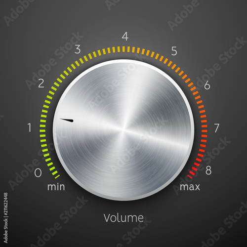 Volume button metal texture steel chrome. Music knob sound level. Sound panel tuner interface