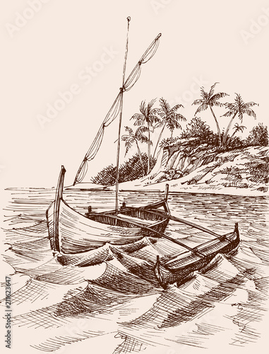 Marina drawing. Fishing boat on shore